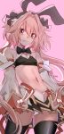  1boy astolfo_(fate) astolfo_(saber)_(fate) bangs bare_shoulders belt black_bow black_legwear black_neckwear black_ribbon black_skirt blush bow bowtie closed_mouth crop_top detached_sleeves double_v fang fate/grand_order fate_(series) faulds hair_between_eyes hair_intakes hair_ribbon highres long_hair looking_at_viewer low_twintails midriff multicolored_hair nakasaku-p navel otoko_no_ko panties pink_background pink_hair purple_eyes ribbon simple_background skirt smile solo streaked_hair thighhighs thighs twintails underwear upskirt v white_hair white_panties wide_sleeves wing_collar 