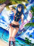  1girl armpits bare_shoulders beach blue_eyes blue_hair cloud commentary_request day fire_emblem fire_emblem_awakening fire_emblem_cipher hairband innertube long_hair lucina_(fire_emblem) mayo_(becky2006) midriff navel official_art palm_tree sandals short_shorts shorts sky solo tree water wet 