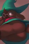  2019 absurd_res anthro black_body black_fur blush bovid butt butt_focus caprine clothed clothing deltarune digital_media_(artwork) eyewear fur glasses goat hat headgear headwear hi_res inkune looking_at_viewer male mammal one_eye_closed open_mouth ralsei scarf simple_background smile solo video_games wink 