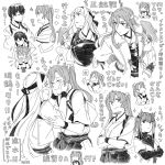  blush bodysuit hachimaki hair_down hair_flaps hair_ribbon hairband hatsuzuki_(kantai_collection) headband japanese_clothes jinbaori kaga_(kantai_collection) kantai_collection long_hair monochrome multiple_girls neckerchief open_mouth remodel_(kantai_collection) ribbon school_uniform short_hair shoukaku_(kantai_collection) side_ponytail translation_request twintails weidashming zuikaku_(kantai_collection) 