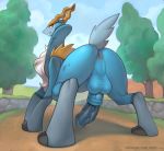  2019 animal_genitalia animal_penis anus backsack balls butt chelodoy cobalion detailed_background equine_penis erection feral legendary_pok&eacute;mon looking_at_viewer looking_back male nintendo penis pok&eacute;mon pok&eacute;mon_(species) presenting presenting_anus presenting_hindquarters rear_view smile solo vein veiny_penis video_games 