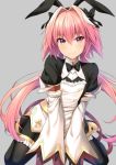  1boy astolfo_(fate) astolfo_(saber)_(fate) bangs black_bow black_gloves black_ribbon blush bow bowtie dress fate/grand_order fate_(series) gloves hair_bow hair_intakes hair_ribbon highres long_hair long_sleeves looking_at_viewer multicolored_hair nectar_(fujiya) otoko_no_ko pink_hair purple_eyes ribbon solo streaked_hair thighhighs twintails white_hair 