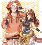  1boy 1girl animal bare_shoulders black_gloves brown_hair chipp_zanuff closed_mouth collarbone fingerless_gloves gloves guilty_gear_2020 guilty_gear_strive hand_gesture hat heart long_hair may_(guilty_gear) open_mouth orange_hair orange_headwear orange_sweater otter red_eyes salute sumi_(penon62) sweat sweatdrop sweater white_hair 