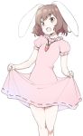  1girl :d animal_ears bare_arms brown_hair bunny_ears carrot_necklace commentary_request dress eyebrows_visible_through_hair floppy_ears highres inaba_tewi kt_kkz looking_at_viewer open_mouth pink_dress puffy_short_sleeves puffy_sleeves red_eyes ribbon-trimmed_dress short_hair short_sleeves simple_background skirt_hold smile solo touhou white_background 