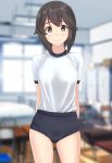  1girl absurdres alternate_costume arms_behind_back black_buruma black_hair blurry buruma classroom commentary_request contrapposto cowboy_shot depth_of_field gym_uniform hayasui_(kantai_collection) highres indoors kantai_collection looking_at_viewer shirt short_hair silver_eyes solo standing t-shirt takafumi white_shirt 