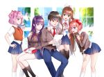  1boy 4girls :d :t ? arm_around_shoulder artist_name bangs black_hair black_legwear blue_nails blue_pants blue_skirt book bow brown_eyes brown_hair commentary cookie cupcake doki_doki_literature_club eating english_commentary eyebrows_visible_through_hair food food_on_face green_eyes grey_jacket hair_between_eyes hair_bow hair_ornament hair_ribbon hairclip hand_on_hip highres holding holding_paper jacket kneehighs leaning_forward long_hair long_sleeves mechanical_pencil monika_(doki_doki_literature_club) multiple_girls natsuki_(doki_doki_literature_club) necktie open_mouth orange_vest pants paper pencil pink_eyes pink_hair pink_nails pleated_skirt ponytail potetos7 protagonist_(doki_doki_literature_club) purple_eyes purple_hair purple_nails red_bow red_nails red_neckwear red_ribbon ribbon sayori_(doki_doki_literature_club) school_uniform shirt short_hair short_sleeves sitting skirt smile thighhighs two_side_up very_long_hair vest white_legwear white_ribbon white_shirt wing_collar yuri_(doki_doki_literature_club) 