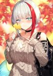  1girl admiral_graf_spee_(azur_lane) admiral_graf_spee_(daily_peaceful_life)_(azur_lane) aran_sweater autumn_leaves azur_lane bag bangs bare_shoulders black_choker blue_eyes blurry blurry_background blush brown_sweater choker closed_mouth commentary_request depth_of_field eyebrows_visible_through_hair ginkgo_leaf hands_up holding holding_leaf kinsenka_momi leaf long_sleeves looking_at_viewer maple_leaf multicolored_hair red_hair short_hair shoulder_cutout silver_hair sleeves_past_wrists smile solo streaked_hair sweater 
