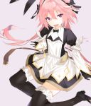  1boy aida_(chinhung0612) astolfo_(fate) astolfo_(saber)_(fate) bangs black_bow black_gloves black_legwear black_ribbon blush bow bowtie commentary_request dress fang fate/grand_order fate_(series) frills gloves hair_bow hair_intakes hair_ribbon highres long_hair long_sleeves looking_at_viewer multicolored_hair open_mouth otoko_no_ko pink_hair purple_eyes ribbon solo streaked_hair thighhighs twintails white_hair 