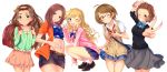  blonde_hair blue_eyes blush bow breasts brown_eyes brown_hair candy glasses green_eyes headband idolmaster idolmaster_cinderella_girls kusakabe_wakaba lollipop long_hair mitsuki_(omezame_alice) namba_emi navel ootsuki_yui sawada_marina school_uniform short_hair skirt socks tsuchiya_ako white wink wristwear 