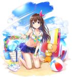  1girl amagai_tarou ankimo_(tokino_sora_channel) azur_lane bag ball bare_legs bare_shoulders barefoot beachball blue_eyes blue_skirt breasts brown_hair bucket cleavage cloud collarbone day floral_print flower hair_ornament halterneck hololive innertube kneeling long_hair looking_at_viewer medium_breasts miniskirt navel neckerchief official_art outstretched_arm pleated_skirt sailor_bikini sailor_collar sandals sandals_removed skirt smile solo star star_hair_ornament stomach stuffed_animal stuffed_toy sunglasses sunlight teddy_bear tokino_sora tokino_sora_channel transparent_background virtual_youtuber white_bikini_top wristband 
