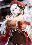  1girl aran_sweater azur_lane bare_shoulders belfast_(azur_lane) belfast_(shopping_with_the_head_maid)_(azur_lane) beret black_skirt breasts brown_legwear brown_sweater choker cleavage cowboy_shot earrings food hakuishi_aoi hand_up hat high-waist_skirt highres holding holding_food hoop_earrings jewelry large_breasts long_hair long_sleeves looking_at_viewer nail_polish off-shoulder_sweater off_shoulder pantyhose pencil_skirt pocky purple_eyes red_headwear shawl skirt smile solo standing sweater very_long_hair white_hair 