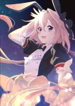  1boy astolfo_(fate) astolfo_(saber)_(fate) bangs black_bow black_dress black_neckwear black_ribbon blush bow bowtie buttons dress fate/grand_order fate_(series) hair_between_eyes hair_bow hair_intakes hair_ribbon hakka_(88hk88) juliet_sleeves layered_skirt long_hair long_sleeves looking_at_viewer multicolored_hair night night_sky open_mouth otoko_no_ko pink_hair puffy_sleeves purple_eyes ribbon skirt sky smile solo streaked_hair twintails white_hair white_skirt wide_sleeves wing_collar 