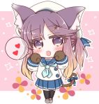  1girl :d animal_ear_fluff animal_ears beret black_legwear blue_bow blue_sailor_collar blue_skirt bow brown_hair cat_ears cat_girl cat_hair_ornament cat_tail chibi commentary_request fang full_body fur-trimmed_sleeves fur_trim gloves gradient_hair grey_footwear hair_ornament hairclip hat heart kantai_collection kemonomimi_mode loafers long_hair long_sleeves multicolored_hair open_mouth paw_gloves paws pink_background pleated_skirt ponytail purple_eyes purple_hair ridy_(ri_sui) sailor_collar school_uniform serafuku shirt shoes sidelocks skirt smile solo sparkle spoken_heart standing tail tail_bow thighhighs tsushima_(kantai_collection) two-tone_background very_long_hair white_background white_headwear white_shirt 