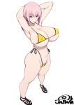  1girl armpits arms_behind_head arms_up bangs bare_shoulders bikini blush braid breasts chaldea_lifesavers cleavage closed_mouth collarbone covered_nipples fate/grand_order fate_(series) florence_nightingale_(fate/grand_order) folded_ponytail full_body hair_between_eyes highleg highleg_bikini highres huge_breasts jabara_tornado long_hair looking_at_viewer navel pink_hair red_eyes sandals simple_background single_braid solo swimsuit white_background yellow_bikini 