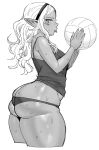  1girl :p ass bare_shoulders butt_crack commentary_request dark_skin elf-san_wa_yaserarenai. highres kuroeda-san long_hair looking_at_viewer mole mole_under_eye monochrome pointy_ears simple_background skindentation solo swat synecdoche thick_thighs thighs tongue tongue_out volleyball white_background 