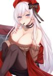  1girl aran_sweater azur_lane belfast_(azur_lane) belfast_(shopping_with_the_head_maid)_(azur_lane) beret blush breasts brown_sweater choker cleavage collarbone earrings food hat highres hoop_earrings incoming_pocky_kiss jewelry kazuha_(saku_kn) large_breasts long_hair looking_at_viewer mouth_hold off-shoulder_sweater off_shoulder pocky pocky_kiss silver_hair skirt smile solo sweater 