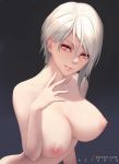  1girl artist_name azto_dio black_background breasts collarbone commentary hair_between_eyes hand_up highres large_breasts leaning_forward nakiri_alice nipples nude parted_lips pink_eyes pink_lips shokugeki_no_souma short_hair silver_hair smile solo upper_body 