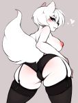  &lt;3 2019 anthro areola black_nose blue_eyes blush breasts canid canine canis clothing delki digital_media_(artwork) domestic_dog eyebrows eyelashes female fur hair hi_res legwear mammal nipples simple_background solo squish thigh_highs thigh_squish white_body white_fur white_hair 