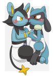  2019 ambiguous_gender anthro black_body black_fur blue_body blue_fur blush diaper duo feral fur hi_res looking_at_another luxio lying nintendo nyanyakotarou on_side pok&eacute;mon pok&eacute;mon_(species) riolu video_games yellow_eyes 