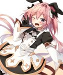  1boy astolfo_(fate) astolfo_(saber)_(fate) bangs black_bow black_dress black_neckwear black_ribbon blush bow bowtie buttons dress fang fate/grand_order fate_(series) hair_between_eyes hair_bow hair_intakes hair_ribbon hand_up juliet_sleeves layered_skirt long_hair long_sleeves looking_at_viewer marimo_danshaku multicolored_hair one_eye_closed open_mouth otoko_no_ko pink_hair puffy_sleeves purple_eyes ribbon simple_background skirt smile solo streaked_hair twintails v white_background white_hair white_skirt wide_sleeves wing_collar 