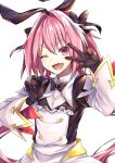  1boy astolfo_(fate) astolfo_(saber)_(fate) bangs black_bow black_dress black_neckwear black_ribbon blush bow bowtie buttons dress fang fate/grand_order fate_(series) guribato hair_between_eyes hair_bow hair_intakes hair_ribbon highres juliet_sleeves long_hair long_sleeves looking_at_viewer multicolored_hair one_eye_closed open_mouth otoko_no_ko pink_hair puffy_sleeves purple_eyes ribbon simple_background skirt smile solo streaked_hair twintails w white_background white_hair white_skirt wide_sleeves wing_collar 