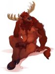  2019 anthro antlers arm_support ball_tuft balls biceps blizzard_entertainment bovid bovine braided_hair brown_body brown_fur brown_hair chest_fur dragonasis erection facial_hair fur green_eyes grin hair hi_res highmountain_tauren hooves horn humanoid_penis male mammal medial_ring musclegut muscular muscular_male nipples nude pecs penis pubes quads simple_background sitting smile solo tauren teeth triceps tuft video_games warcraft wraps 