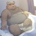  1:1 2019 anthro bed bedding bedwetting belly blanket blush bodily_fluids brown_body brown_fur bulge chocobibear clothing detailed_background fur furniture genital_fluids humanoid_hands male mammal moobs nipples overweight overweight_male peeing shirt solo topwear underwear urine ursid wetting 