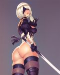  1girl ass black_blindfold black_legwear blindfold breasts grey_background katana kupocun looking_at_viewer looking_back medium_breasts mole mole_under_mouth nier_(series) nier_automata parted_lips short_hair skindentation solo sword thick_thighs thighhighs thighs weapon white_hair yorha_no._2_type_b 