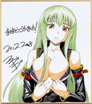  areola_slip areolae bad_id bad_pixiv_id breasts brown_eyes c.c. cleavage code_geass detached_sleeves fukudahda green_hair large_breasts long_hair open_clothes open_shirt shikishi shirt solo traditional_media 