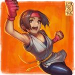  1girl :d armpits bare_shoulders belt bodysuit brown_eyes brown_hair dated fingerless_gloves gloves headband highres ikeda_(cpt) jumping looking_at_viewer open_mouth orange_background red_gloves ryuuko_no_ken sash short_hair signature smile solo the_king_of_fighters yuri_sakazaki 