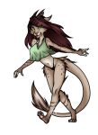  2018 anthro barefoot breasts carmine_embershard clothed clothing crop_top digital_media_(artwork) dragon feline female fishtoonz hair hi_res horn hybrid long_tail looking_at_viewer lynx mammal panties partially_clothed shaded shirt smile solo tongue tongue_out underwear walking 