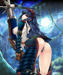 arched_back armor ass bikini bikini_armor black_hair breasts covered_nipples earrings fishnets forest from_behind full_moon gauntlets headband huge_weapon jewelry kizuki_aruchu large_breasts long_hair looking_back monster_hunter moon nargacuga_(armor) nature night open_mouth outdoors red_eyes scales solo swimsuit thong_bikini water weapon wet 