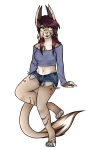  2017 anthro barefoot breasts carmine_embershard chest_tuft clothed clothing crop_top digital_media_(artwork) dragon feline female fishtoonz fully_clothed hair hi_res horn hybrid long_tail lynx mammal shaded shirt shorts sitting smile solo tuft 