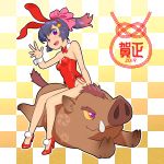  1girl 2019 animal_ears black_hair boar bow bowtie bunny_ears bunny_girl bunny_tail bunnysuit checkered checkered_background chinese_zodiac commentary_request detached_collar fukusuke_hachi-gou full_body gradient_hair high_heels leotard multicolored_hair nengajou new_year original pom_pom_(clothes) ponytail red_footwear red_hair red_leotard red_neckwear ribbon riding solo strapless strapless_leotard tail waving wrist_cuffs year_of_the_pig 