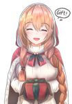  absurdres alternate_costume bangs black_gloves blush breasts brown_hair cape christmas commentary_request eyebrows_visible_through_hair eyes_closed gift girls_frontline gloves green_eyes hair_between_eyes hair_ribbon highres hiromaster_sinta_jh holly large_breasts long_hair looking_at_viewer m1903_springfield_(girls_frontline) open_mouth ponytail red_cape red_hood ribbon sidelocks speech_bubble sweater white_sweater 