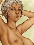  armpits arms_behind_back arms_up breasts dark_skin facial_mark forehead_mark fumio_(rsqkr) genderswap genderswap_(mtf) grey_eyes lips medium_breasts nipples nude parted_lips short_hair simple_background sketch solo street_fighter street_fighter_iii_(series) upper_body urien white_hair 