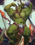  2019 5_fingers abs anthro armband biceps big_biceps big_muscles black_claws claws clothed clothing digital_media_(artwork) dragon fingers fist flag flexing green_body hi_res holding_object holding_sword holding_weapon horn huge_muscles loincloth male melee_weapon muscular muscular_male mystikfox61 navel outside pecs red_sclera reptile scalie sharp_claws slit_pupils smile smirk solo standing step_pose sword teeth topless triceps varanis_blackclaw vein weapon 