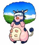 commentary cow field full_body gen_2_pokemon grass head_mounted_display miltank no_humans open_mouth pokemon pokemon_(creature) standing udder yashiro_shouyu 