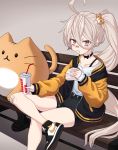  1girl :t ahoge alternate_costume bandaid bandaid_on_face bandaid_on_knee bangs bench black_footwear black_shorts blush burger_king cat_hair_ornament child_(isoliya) choker crossed_legs cup disposable_cup drinking_straw eating food food_in_mouth food_on_face girls_frontline grey_background hair_between_eyes hair_ornament hamburger highres holding jacket long_hair long_sleeves pkp_(girls_frontline) ponytail shirt shoes short_eyebrows shorts side_ponytail sitting sneakers solo stuffed_animal stuffed_cat stuffed_toy thick_eyebrows very_long_hair white_hair white_shirt yellow_eyes 
