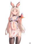  1girl absurdres an-94_(girls_frontline) animal_ears apron bikini blonde_hair blue_eyes blush bottle breasts cleavage dripping embarrassed fake_animal_ears girls_frontline ha_kang highres long_hair lotion_bottle navel soap swimsuit thigh_strap thighhighs tray wet wet_clothes 