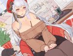  aran_sweater azur_lane belfast_(azur_lane) belfast_(shopping_with_the_head_maid)_(azur_lane) beret between_breasts blush breasts brown_sweater cake cat chair choker earrings food food_between_breasts gtunver hat hoop_earrings jewelry long_hair miniskirt off-shoulder_sweater off_shoulder pantyhose pocky red_headwear sitting skirt sweater white_hair 