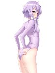  1girl adjusting_clothes adjusting_leotard ass commentary_request cowboy_shot embarrassed highres leotard long_sleeves looking_at_viewer low_twintails open_mouth purple_eyes purple_hair purple_leotard ribbed_sweater riki_(power_step) short_hair_with_long_locks simple_background solo sweater turtleneck_leotard twintails voiceroid white_background yuzuki_yukari 