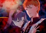  1boy 1girl black_hair blue_eyes emiya_shirou fate/hollow_ataraxia fate/stay_night fate_(series) highres karasaki red_hair smile toosaka_rin twintails yellow_eyes 