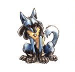  ambiguous_gender anthro black_body black_fur blue_body blue_fur chest_tuft claws fluffy fluffy_tail front_view fur hi_res inner_ear_fluff kenket looking_at_viewer lucario nintendo pok&eacute;mon pok&eacute;mon_(species) red_eyes simple_background sitting smile solo toe_claws tuft video_games white_background yellow_body yellow_fur 