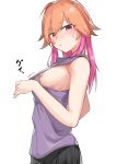  1girl :o blush breasts character_request copyright_request cowboy_shot hair_over_one_eye hamita1220 highres looking_at_viewer medium_breasts medium_hair multicolored_hair nipples no_bra orange_hair pink_hair purple_eyes self_exposure solo sweat tank_top white_background 