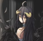  1girl absurdres ahoge albedo bangs bare_shoulders black_feathers black_hair black_wings breasts closed_mouth demon_girl demon_horns demon_wings detached_sleeves dress eyebrows_visible_through_hair feathered_wings hair_between_eyes highres horns long_hair looking_at_viewer low_wings overlord_(maruyama) randomcatbox slit_pupils white_dress wings yellow_eyes 