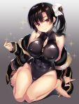  1girl bare_shoulders black_hair black_jacket black_swimsuit breasts brown_eyes cleavage commentary_request covered_navel gradient gradient_background grey_background highres jacket large_breasts long_hair looking_at_viewer original sanshoku_amido smile solo swimsuit thighs zipper 
