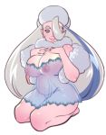  1girl areolae blonde_hair breasts earrings gym_leader hair_over_one_eye hat jewelry kukumomo long_hair looking_at_viewer melon_(pokemon) navel nightgown plump pokemon pokemon_(game) pokemon_swsh puffy_nipples ring seiza simple_background sitting smile solo stomach very_long_hair white_background 