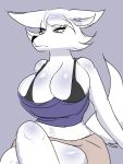  2019 animal_crossing anthro arctic_wolf big_breasts blue_eyes bra bra_straps breasts canid canine canis clothed clothing crossed_legs female fur hair hi_res mammal napdust nintendo shirt solo tank_top topwear underwear video_games white_body white_fur whitney_(animal_crossing) wolf 