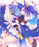  1girl animal_ear_fluff animal_ears azur_lane bangs bare_shoulders blue_eyes blue_hair breast_hold breasts closed_mouth collarbone commentary_request eyebrows_visible_through_hair fan flower folding_fan fox_ears hair_flower hair_ornament highres holding holding_fan jintsuu_(azur_lane) large_breasts long_hair long_sleeves looking_at_viewer ponytail shichijou_natori smile solo tail thighs wide_sleeves 